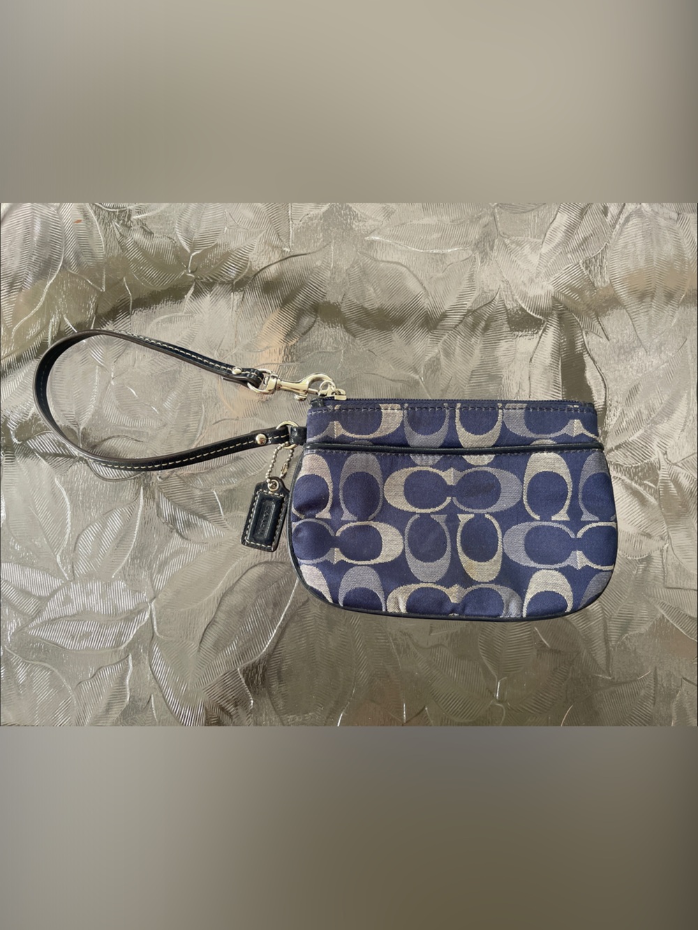 Coach Navy and Silver Signature Canvas Wristlet
